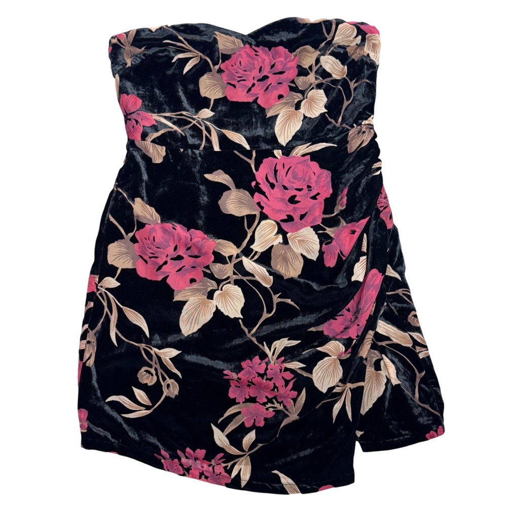 Lulus Strapless Coquette Vlevet Floral Mini Dress Black Pink NWT Womens Sz L